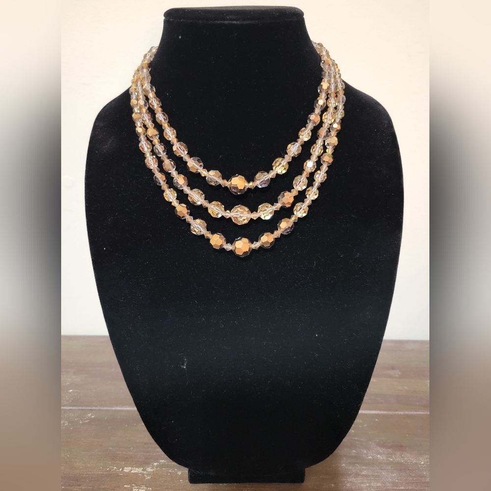 Triple Strand Champagne AB Crystal Necklace